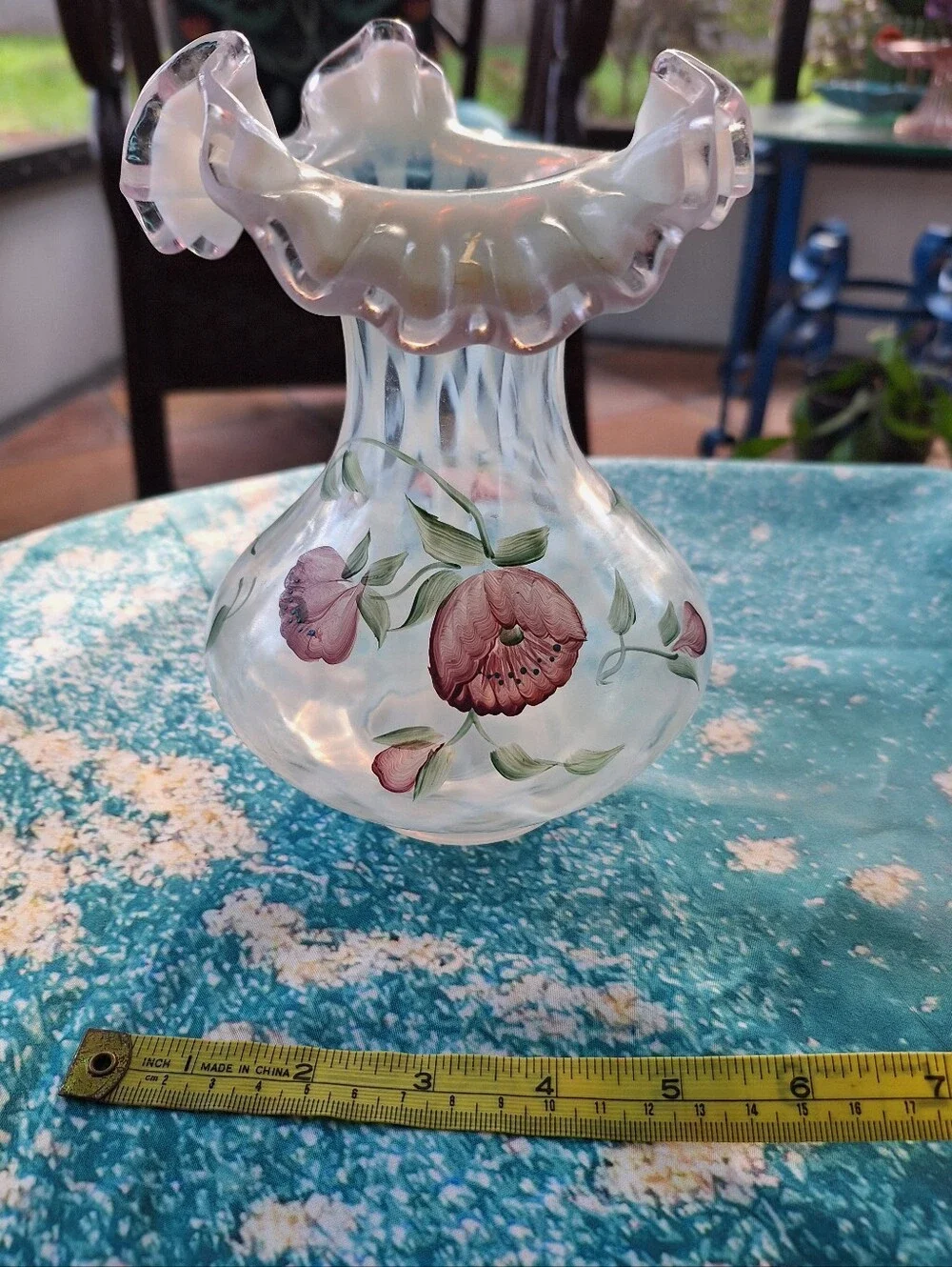 Fenton Vintage Hand-Painted Pink Floral Ruffled Glass Vase